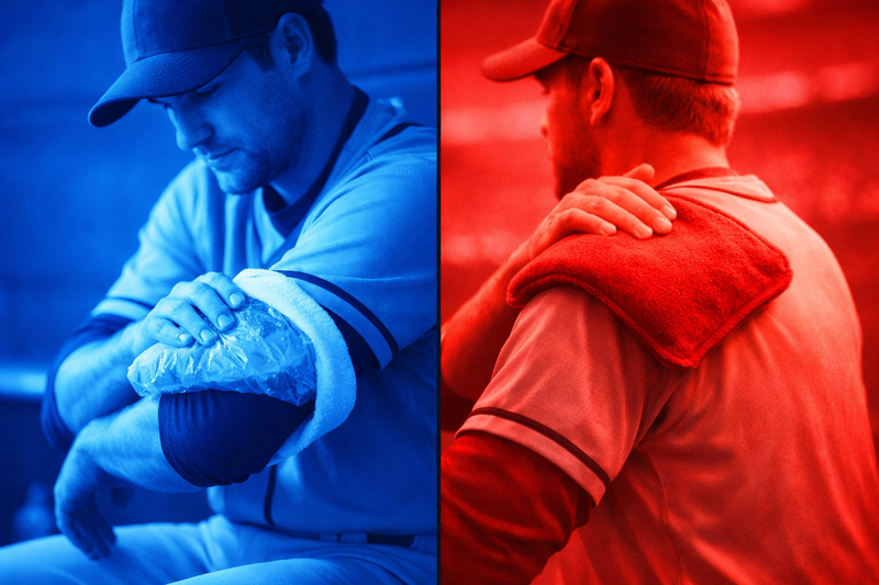 Side-by-side image of two baseball players: left player applying an ice pack to his elbow under a blue color overlay, right player holding a heating pad on his shoulder under a red color overlay, illustrating cold vs heat recovery methods.