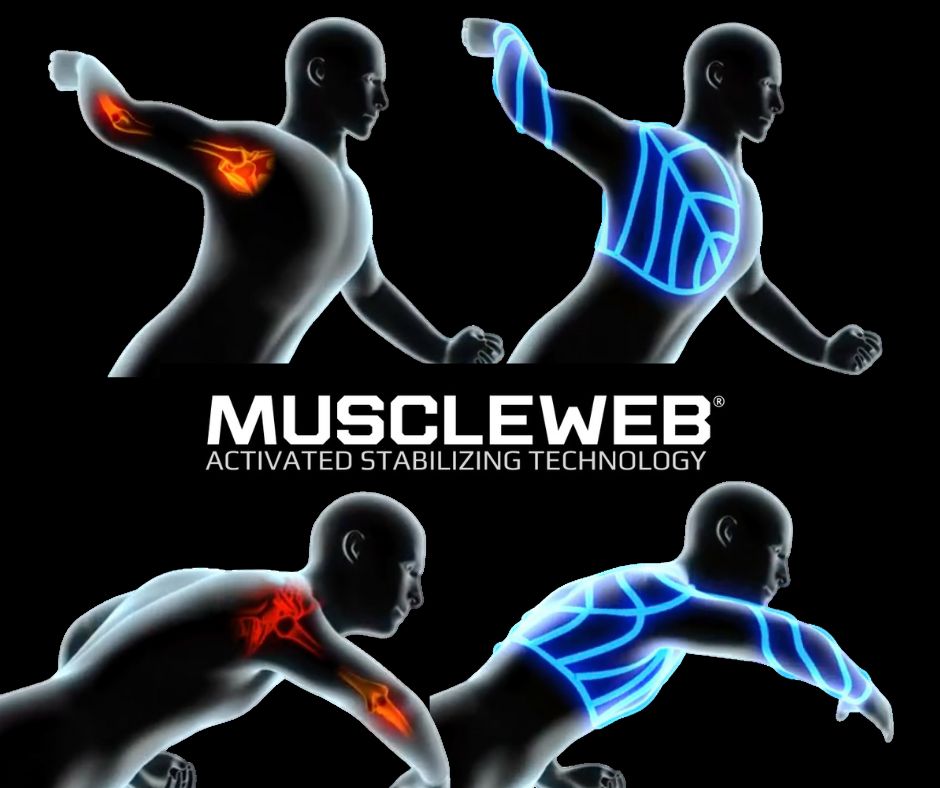 Graphic showing ghost figure throwing with red pain points and blue MuscleWeb Support