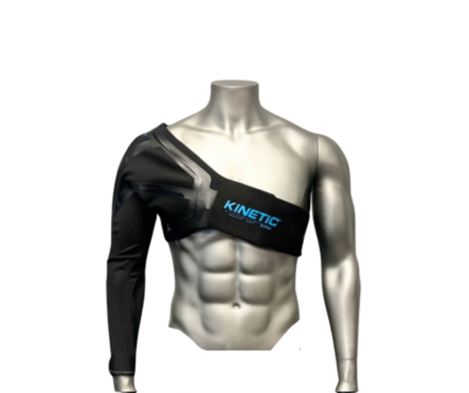 Gently used Kinetic Arm K2 adult sleeve, right-handed variant, showing design and fit for elbow and shoulder support